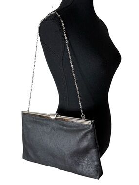 STELLA & MAX Black Faux Leather Silver Tone Frame Clutch Purse Bag Chain